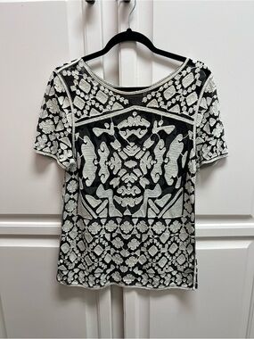 everleigh Black Short Sleeve sheer Top with White Embroidered Design
